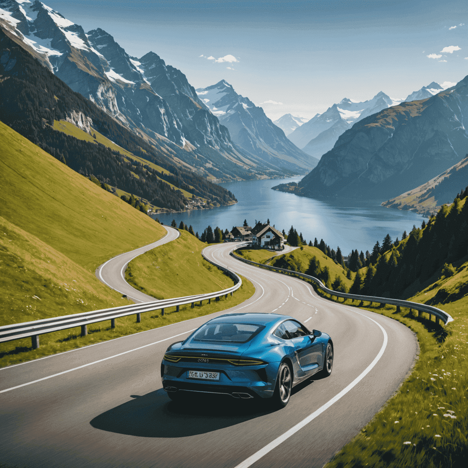 Auto-schweiz Logo - Ein stilisiertes Auto, das über eine geschwungene Straße fährt, mit Bergen und einem See im Hintergrund