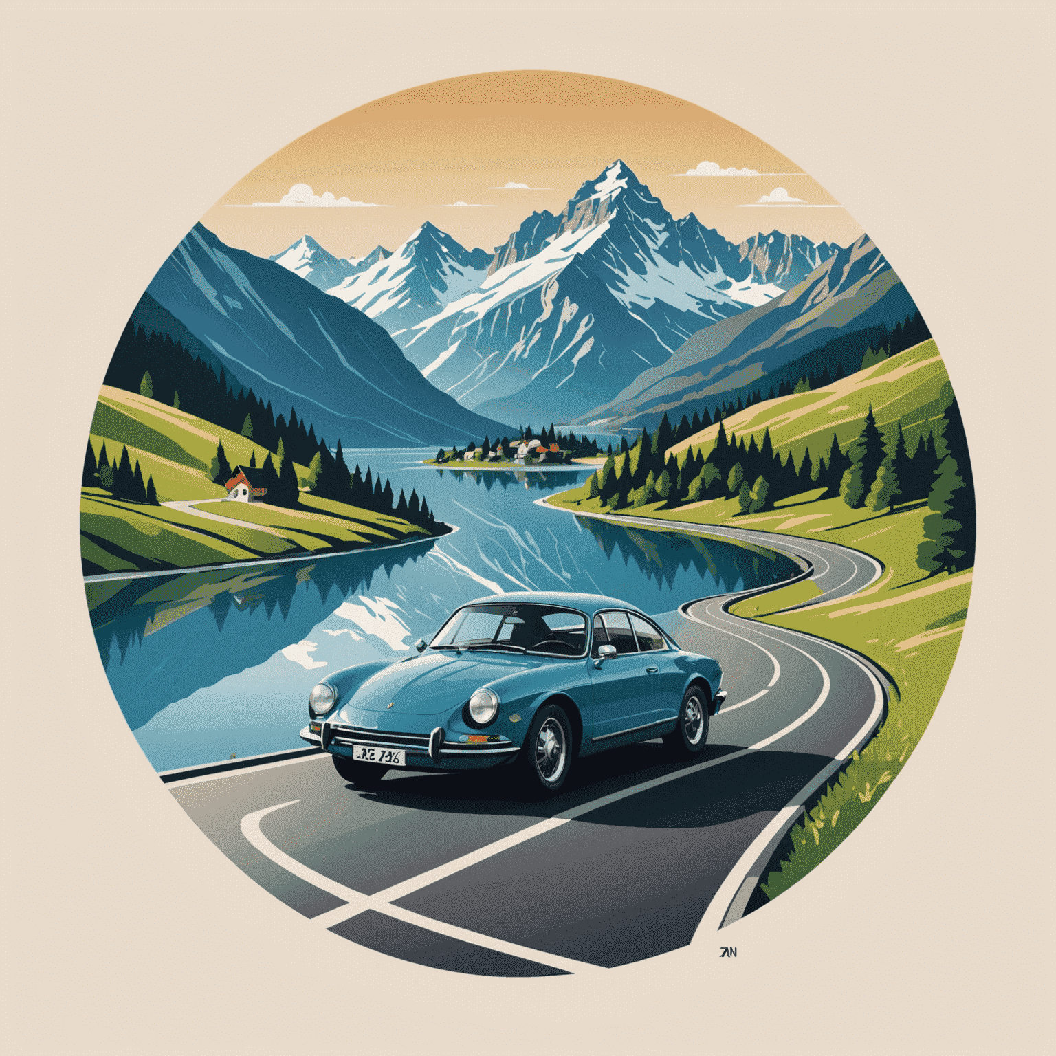 Auto-schweiz Logo - Ein stilisiertes Auto, das über eine geschwungene Straße fährt, mit Bergen und einem See im Hintergrund