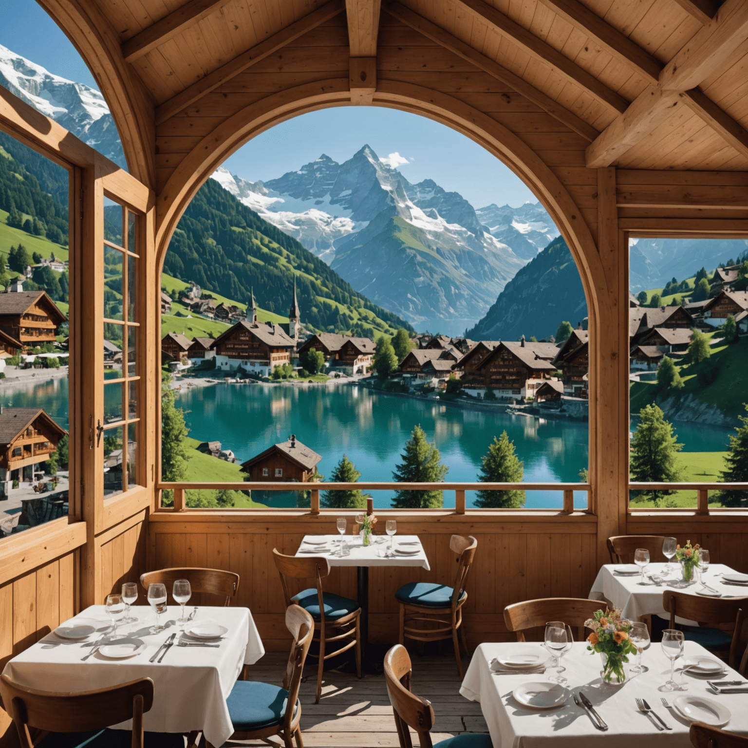 A picturesque Swiss restaurant nestled in the Alps, with a terrace overlooking a serene lake. Traditional wooden architecture blends seamlessly with the mountain backdrop.